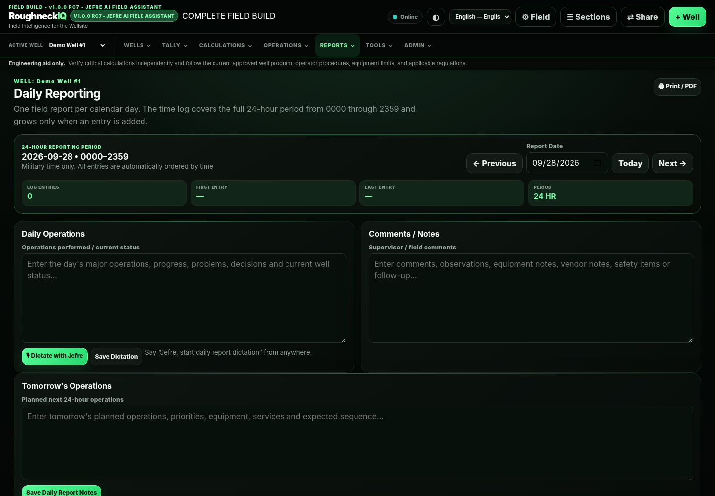 RoughneckIQ Daily Reporting screen