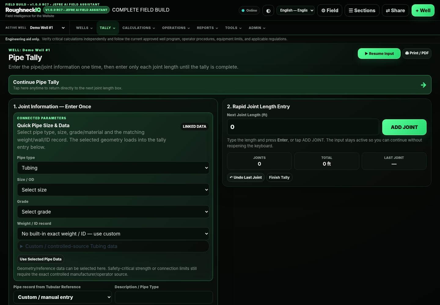RoughneckIQ Pipe Tally screen