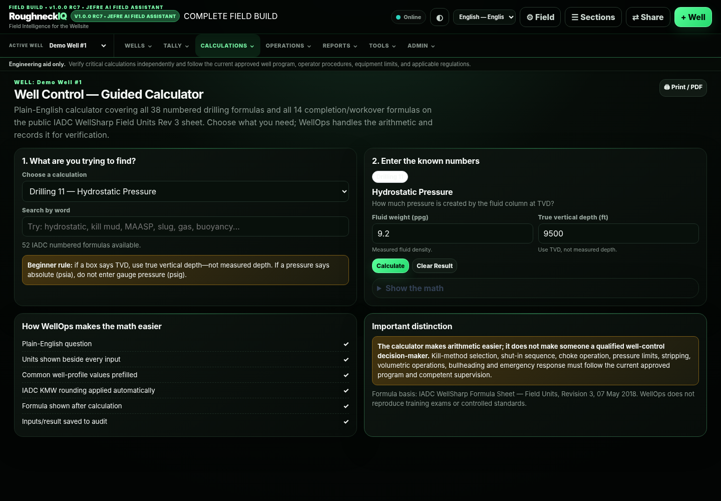 RoughneckIQ Well Control guided calculator screen